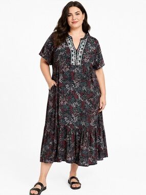 Knox Rose XXL Boho Maxi Dress Embroidered Floral Prairie Cottagecore Rayon